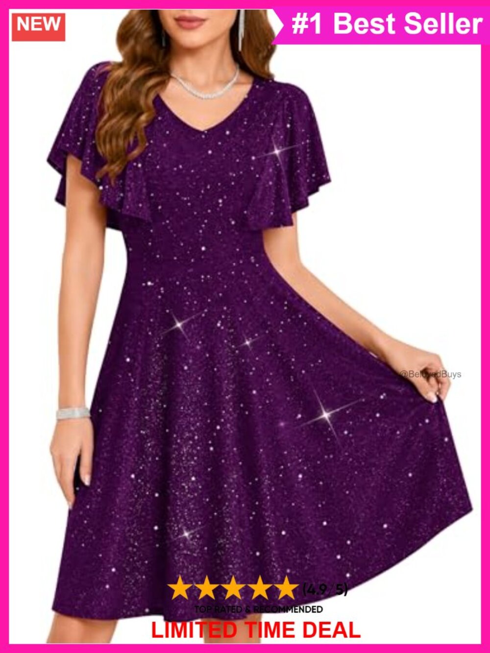 Formal Cocktail Midi Dress V-Neck Flutter Sleeve A-Line Wedding Guest